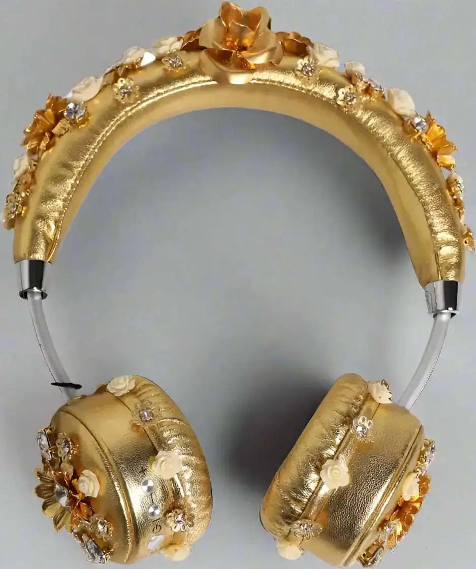 Dolce & Gabbana Gold Leather Floral Crystal Angel Headset Headphones - Headphones