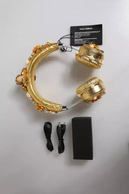 Dolce & Gabbana Gold Leather Floral Crystal Angel Headset Headphones - Headphones