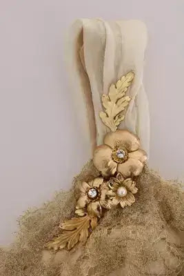 Crystal embellished gold silk floral embellishment on cream fabric strap of Dolce Gabbana Gold Silk Dress