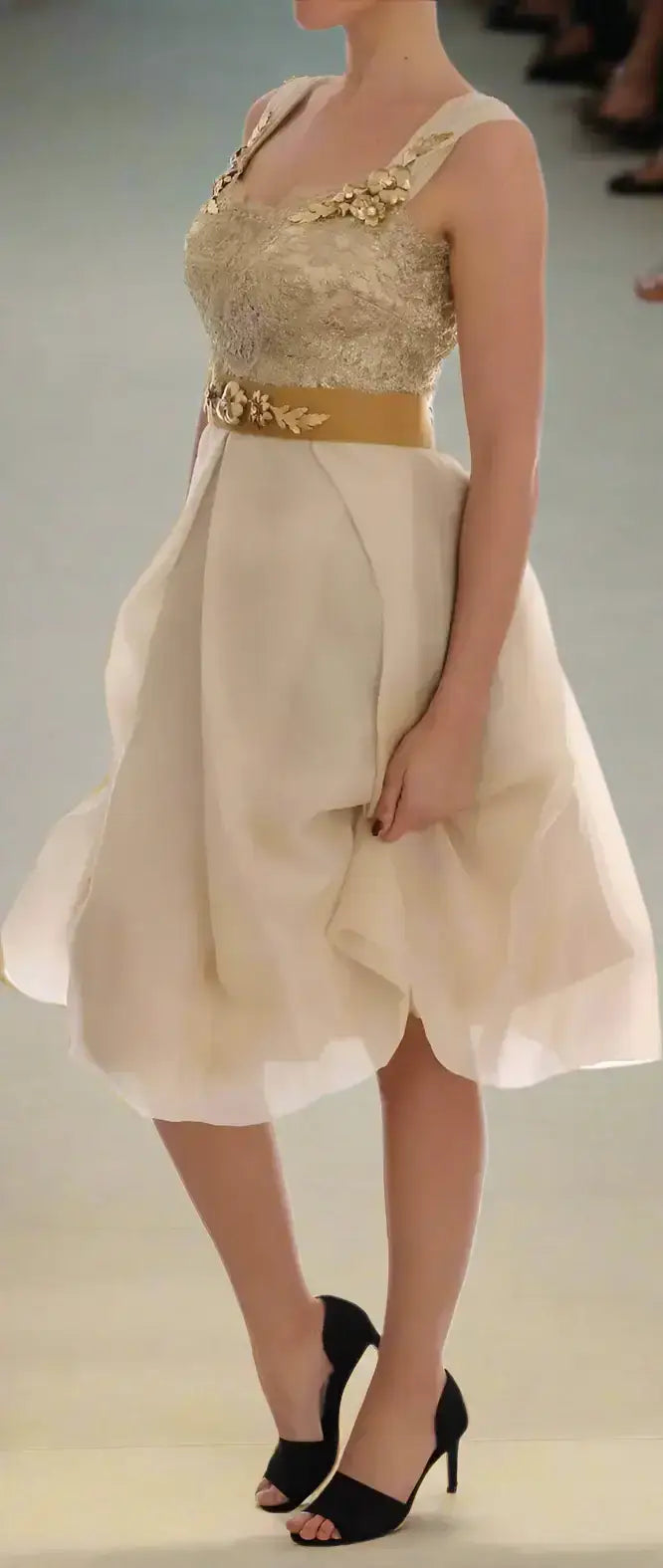 Champagne-colored Dolce & Gabbana gold silk crystal embellished dress with lace bodice