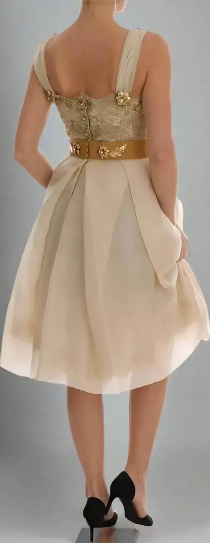 Beige Dolce & Gabbana gold silk crystal embellished dress with gold embroidered bodice