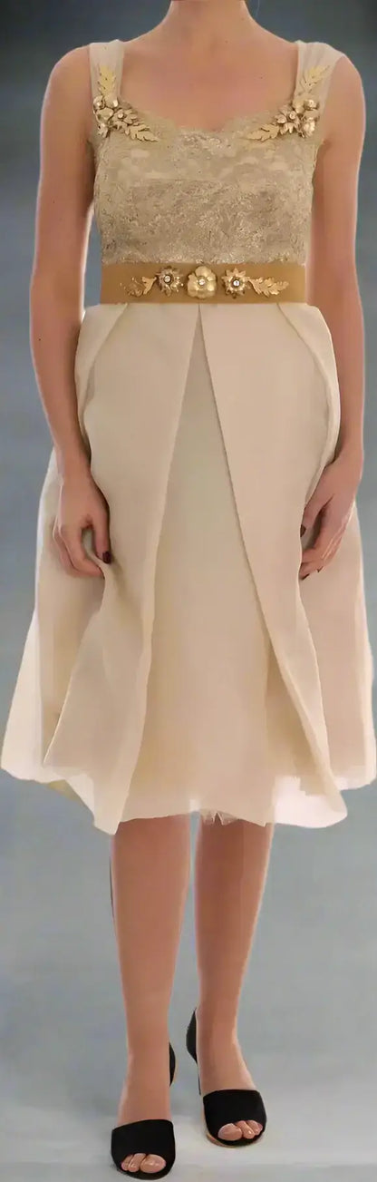 Elegant Dolce & Gabbana gold silk crystal embellished dress with gold belt and pleated skirt
