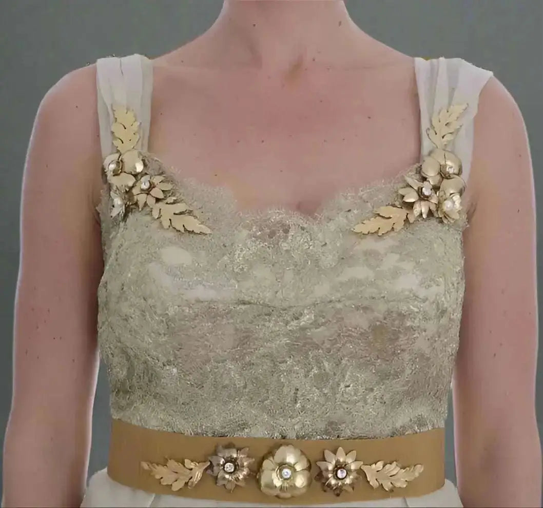 Dolce & Gabbana gold silk crystal embellished formal dress with lace bodice and appliques
