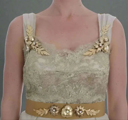 Dolce & Gabbana gold silk crystal embellished formal dress with lace bodice and appliques