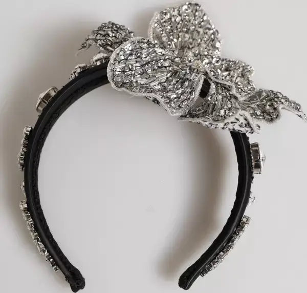 Black satin Gabbana Limoni Crystal headband with sparkling rhinestone bow accessory