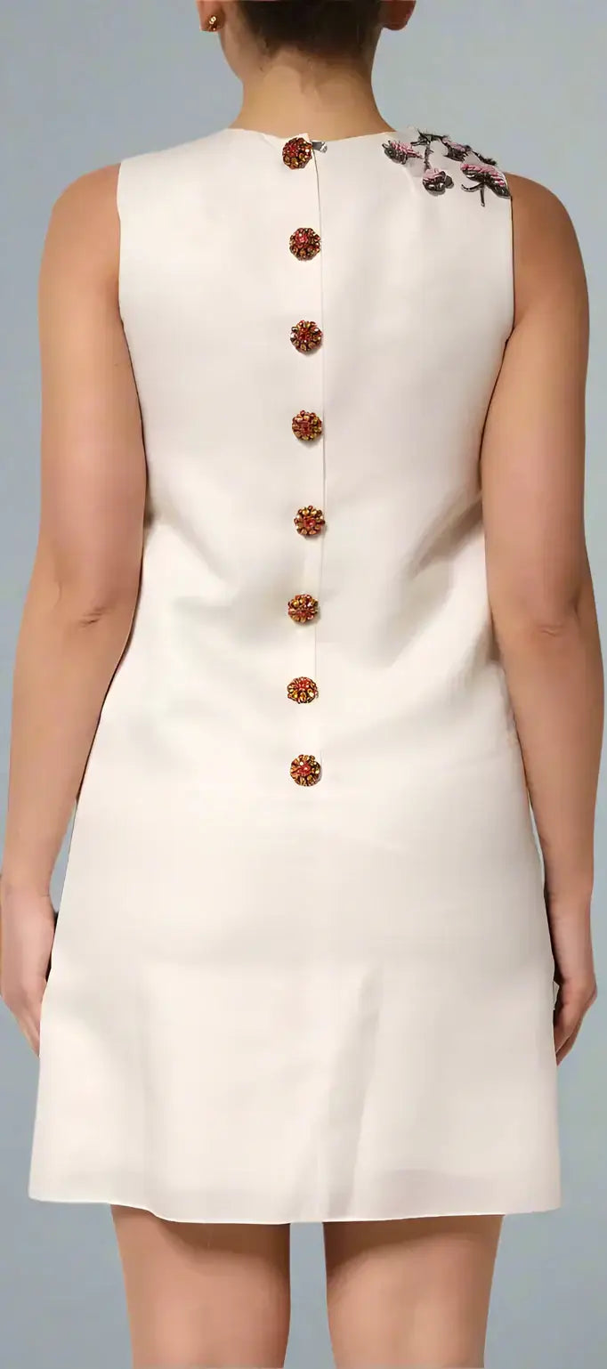 Sleeveless cream mini dress with red gold buttons and floral embroidery, Dolce Gabbana multicolor crystal embellishments