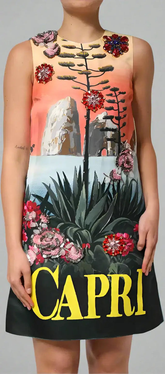 Sleeveless Dolce & Gabbana multicolor crystal mini dress with embroidered floral landscape motif and CAPRI hem