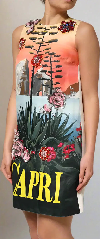 Dolce & Gabbana multicolor crystal embellished sleeveless mini dress with landscape print