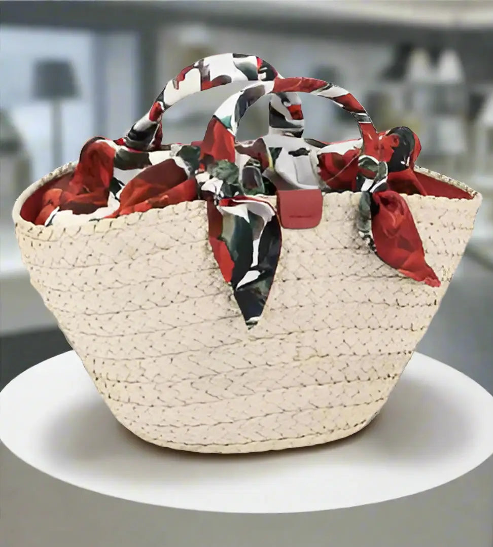 Woven straw tote bag with colorful scarf tied around handles, Dolce & Gabbana Raffia Handbag