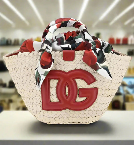 Gabbana Raffia Handbag with woven straw, red leather DG appliqué, and floral silk scarf handle