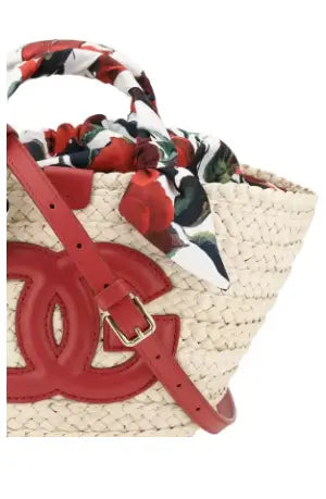 Woven straw tote bag with red leather Chanel logo and floral silk scarf handle, Dolce & Gabbana Raffia Handbag