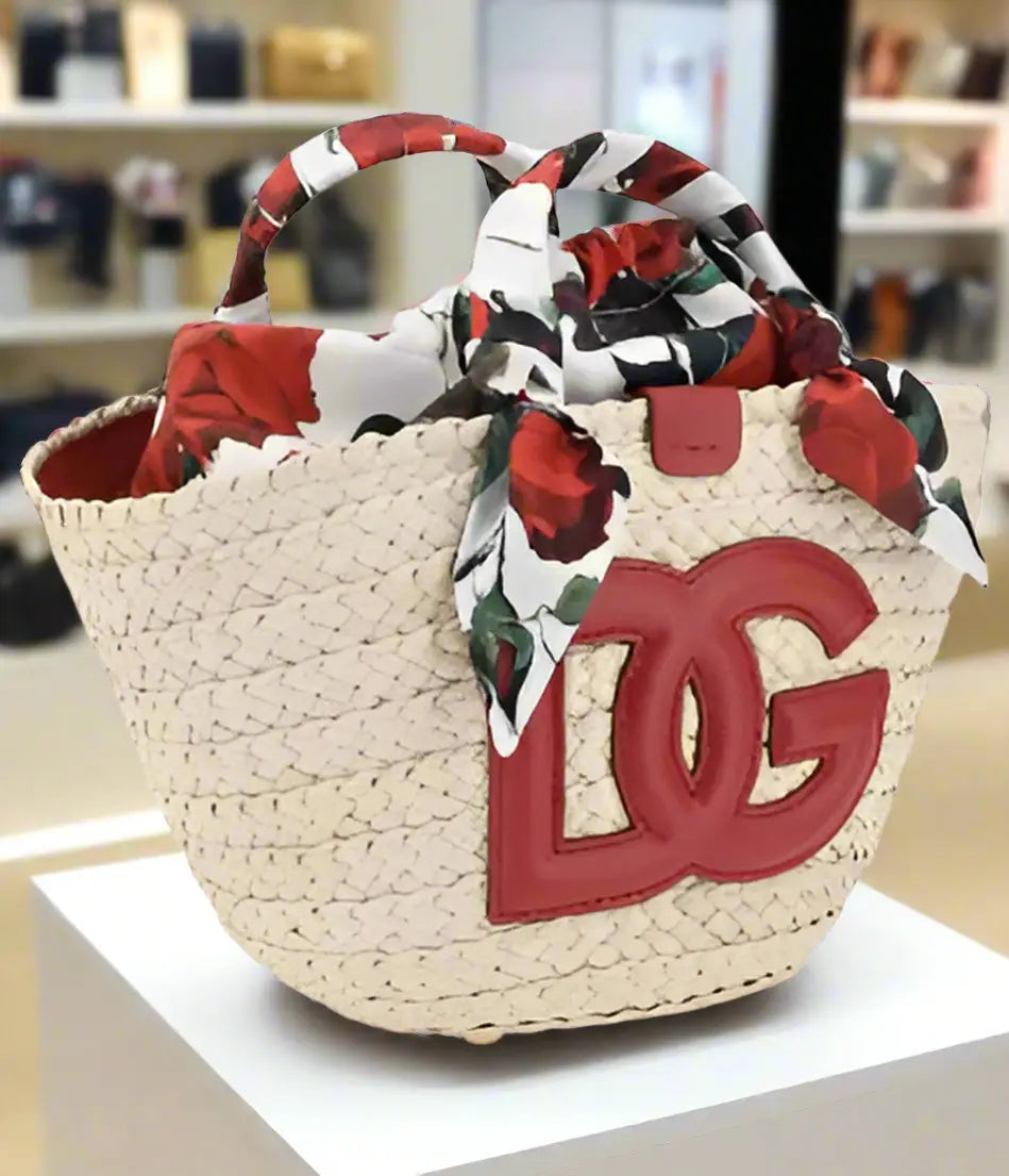 Woven straw tote bag with red leather DG logo and floral scarf, Dolce Gabbana Raffia Handbag