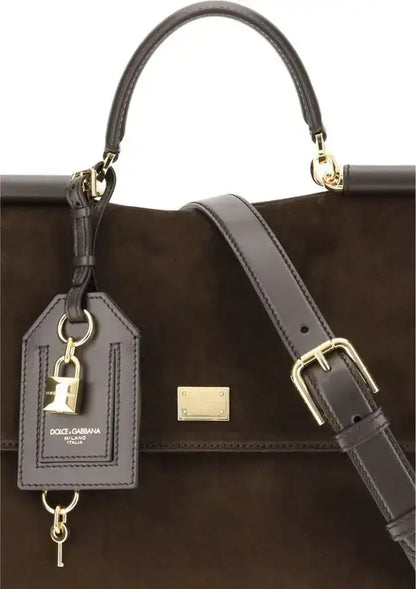 DOLCE & GABBANA Sicily brown suede handbag with leather details, top handle, and shoulder strap