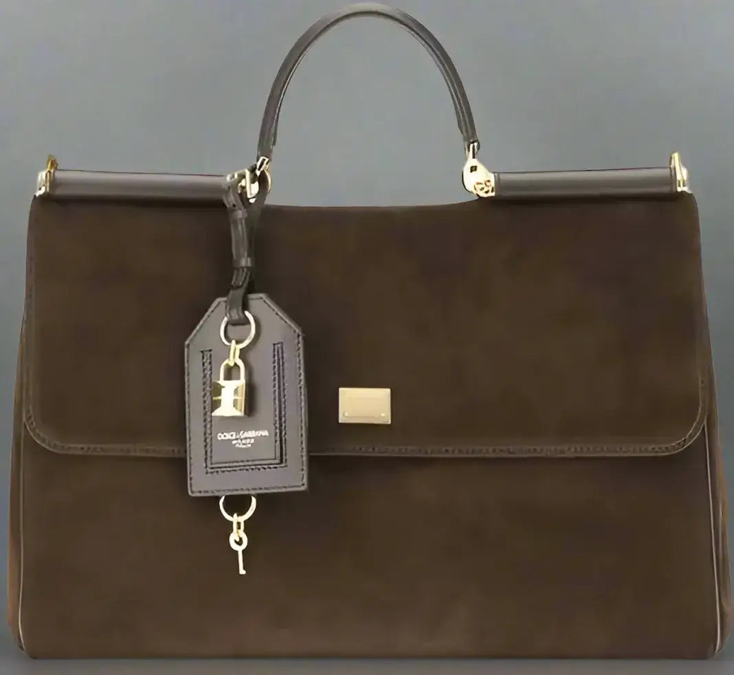 Brown suede handbag with top-handle and removable lock charm for DOLCE & GABBANA Sicily