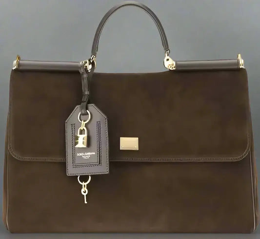 Brown suede handbag with top-handle and removable lock charm for DOLCE & GABBANA Sicily