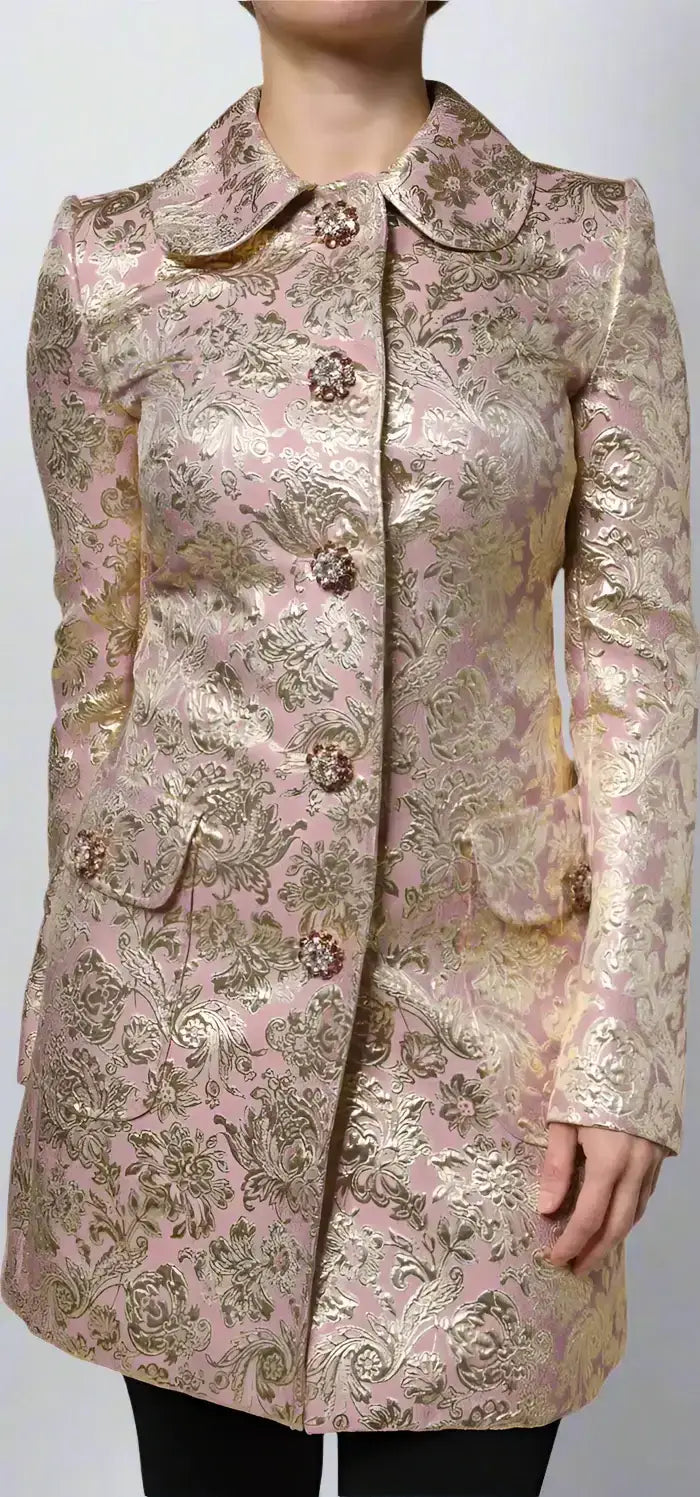 Metallic pink and gold brocade women’s coat with ornate buttons and rounded collar