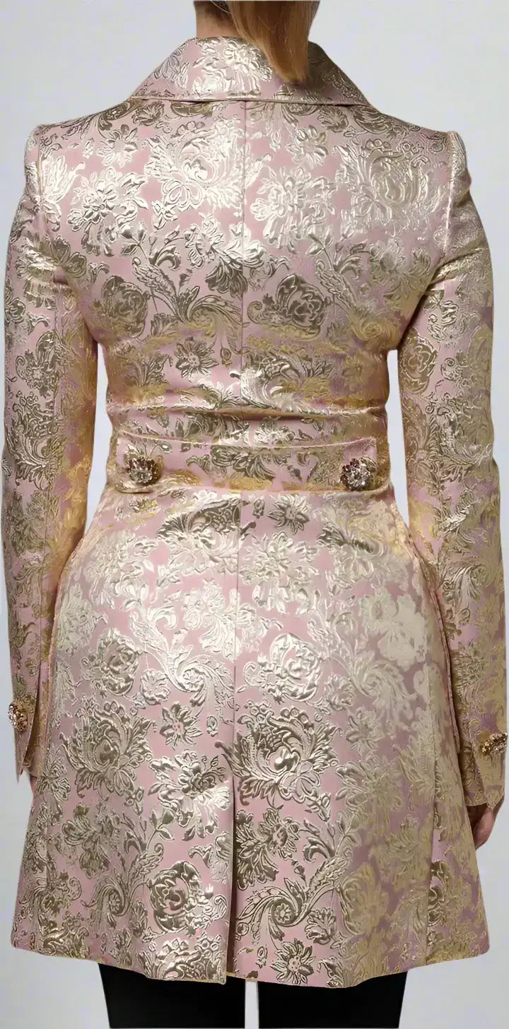 Metallic pink and gold brocade coat with fitted waist and decorative buttons