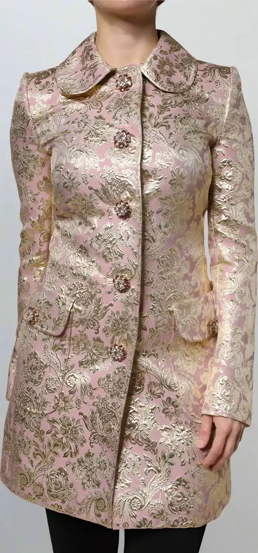 Women’s metallic pink long-sleeved brocade coat with ornate gold buttons and rounded collar