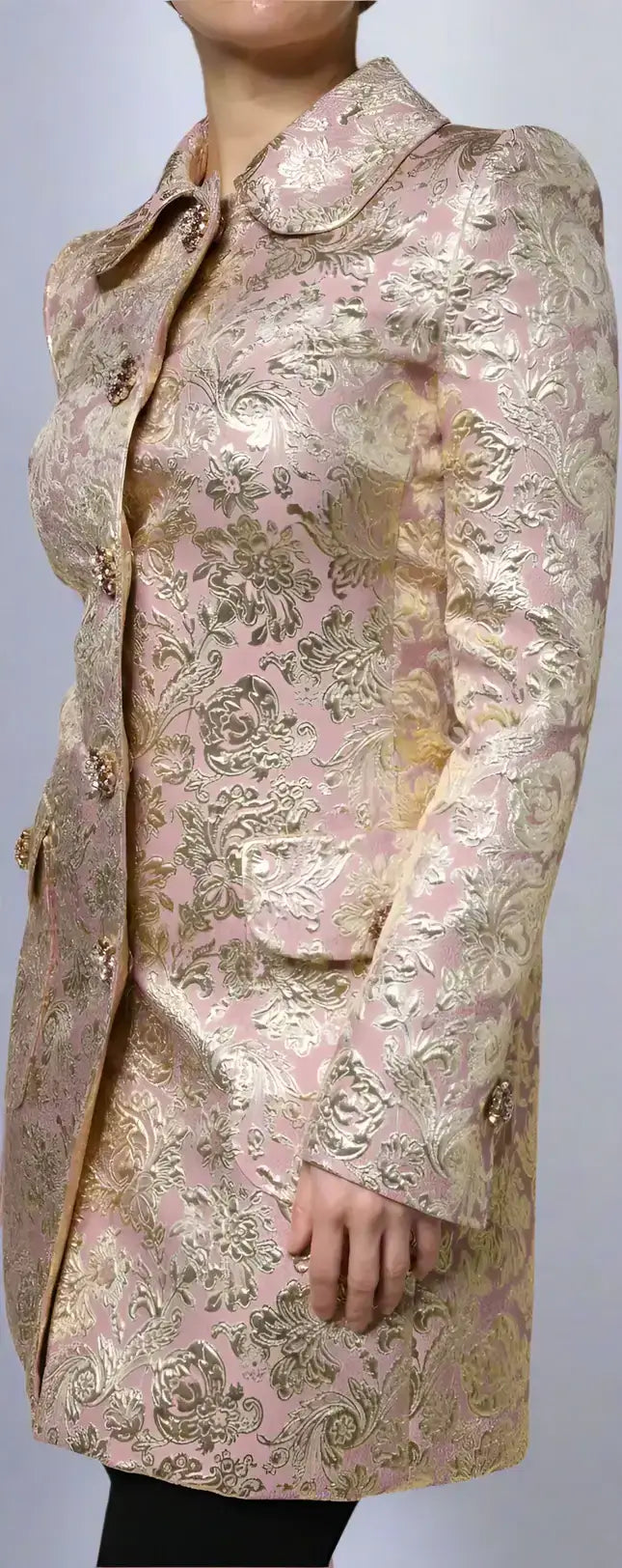 Metallic pink and gold brocade coat with jewel buttons, knee-length, rounded collar