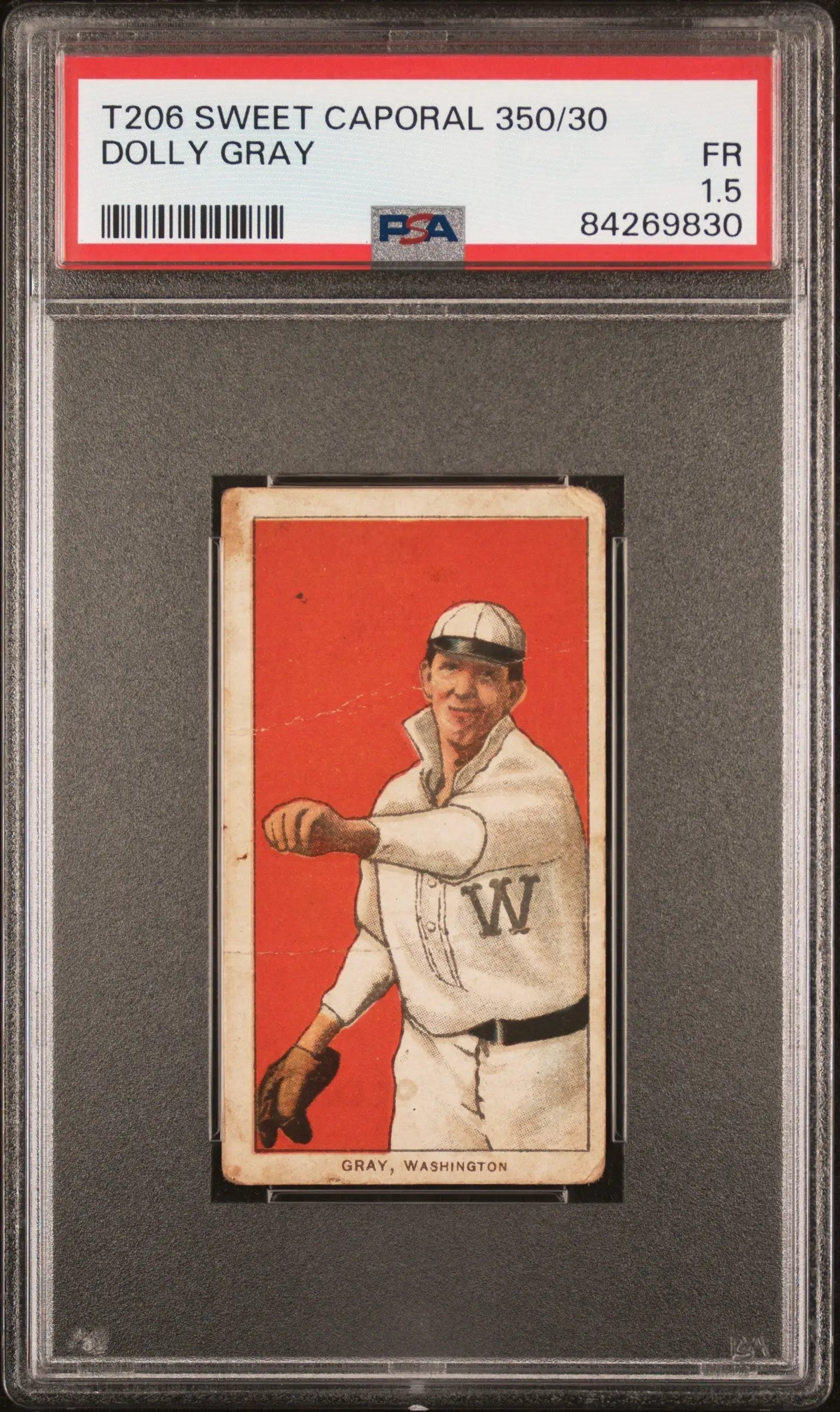 PSA-graded T206 Sweet Caporal baseball card of Dolly Gray with red background