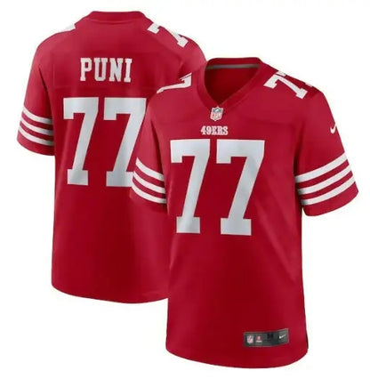 Red San Francisco 49ers football jersey with number 77 from Dominick Puni Nike Team Game Jersey Scarlet