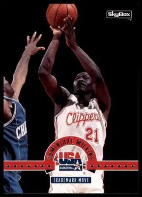 Basketball player shooting featuring Dominique Wilkins SkyBox USA collectible card