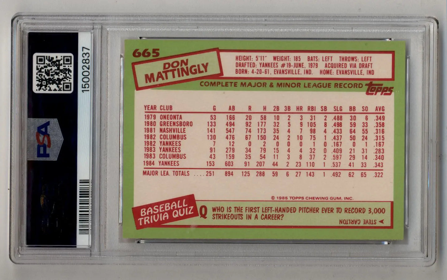 Baseball card in case displaying Don Mattingly 1985 Topps Tiffany Gem Mint stats