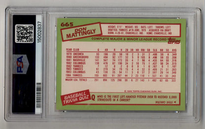 Baseball card in case displaying Don Mattingly 1985 Topps Tiffany Gem Mint stats