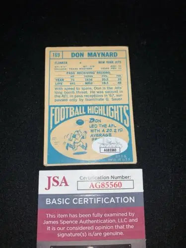 Don Maynard autographed card featuring JSA certification for collectors and fans