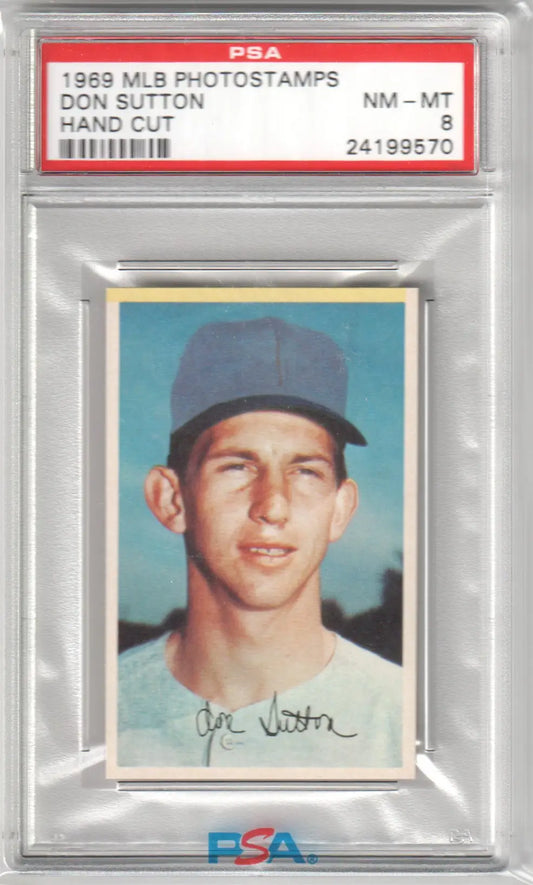 Graded Don Sutton Baseball Card from MLB Photostamps by Columbia Hobby, PSA 8 NM-MT