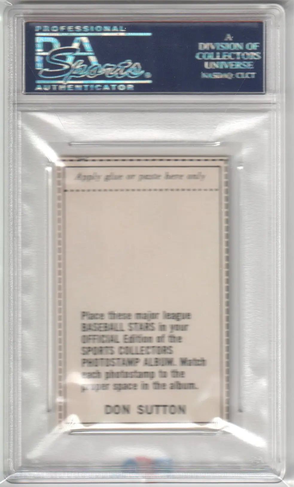 Encased Don Sutton MLB Photostamps baseball card from Columbia Hobby in PSA 8 NM-MT