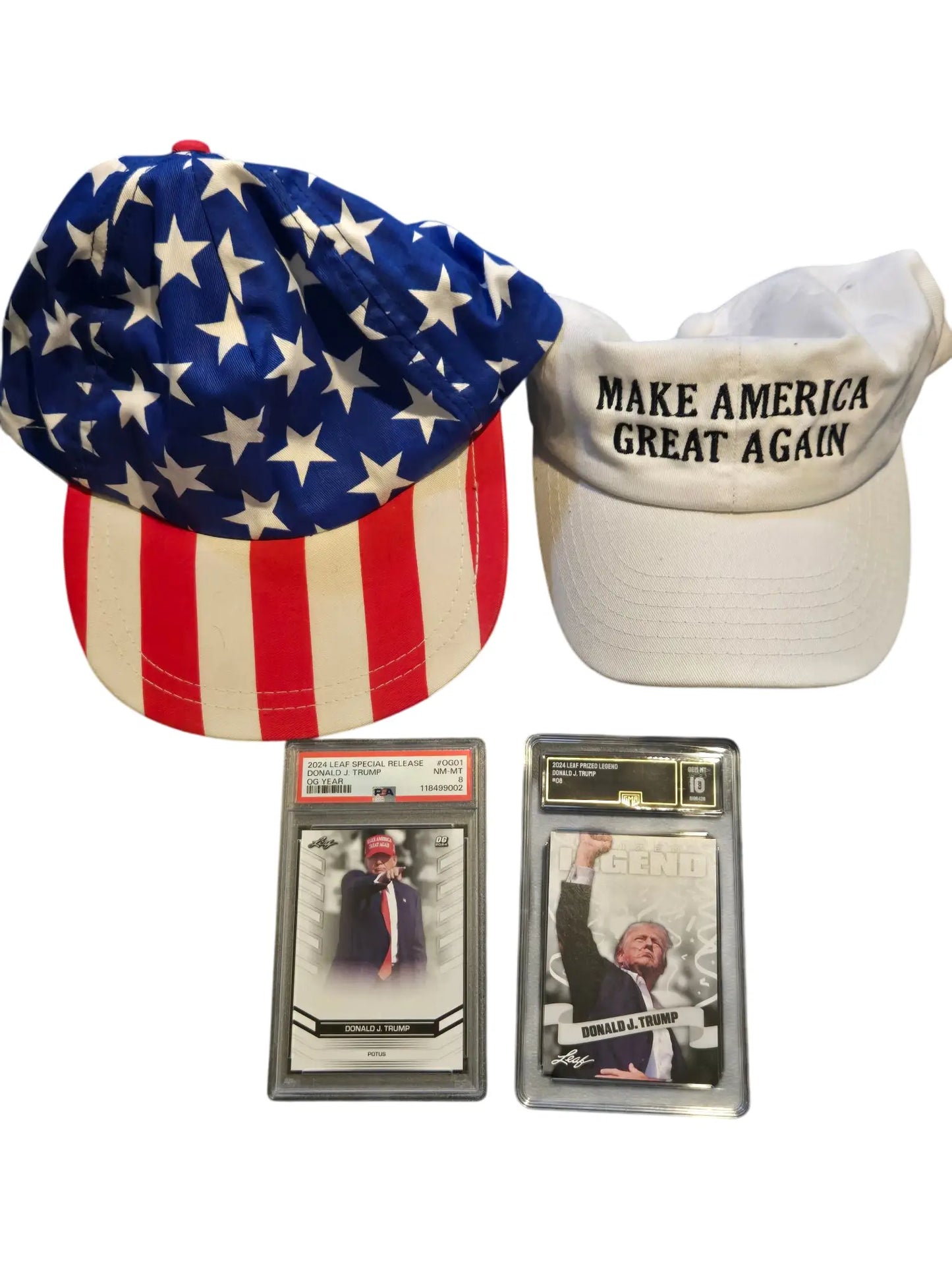 Donald J Trump Trading Cards PSA 8 Leaf OG GMA 10 + 2 MAGA Hats Bundle Set Lot - Trading Cards Bundle