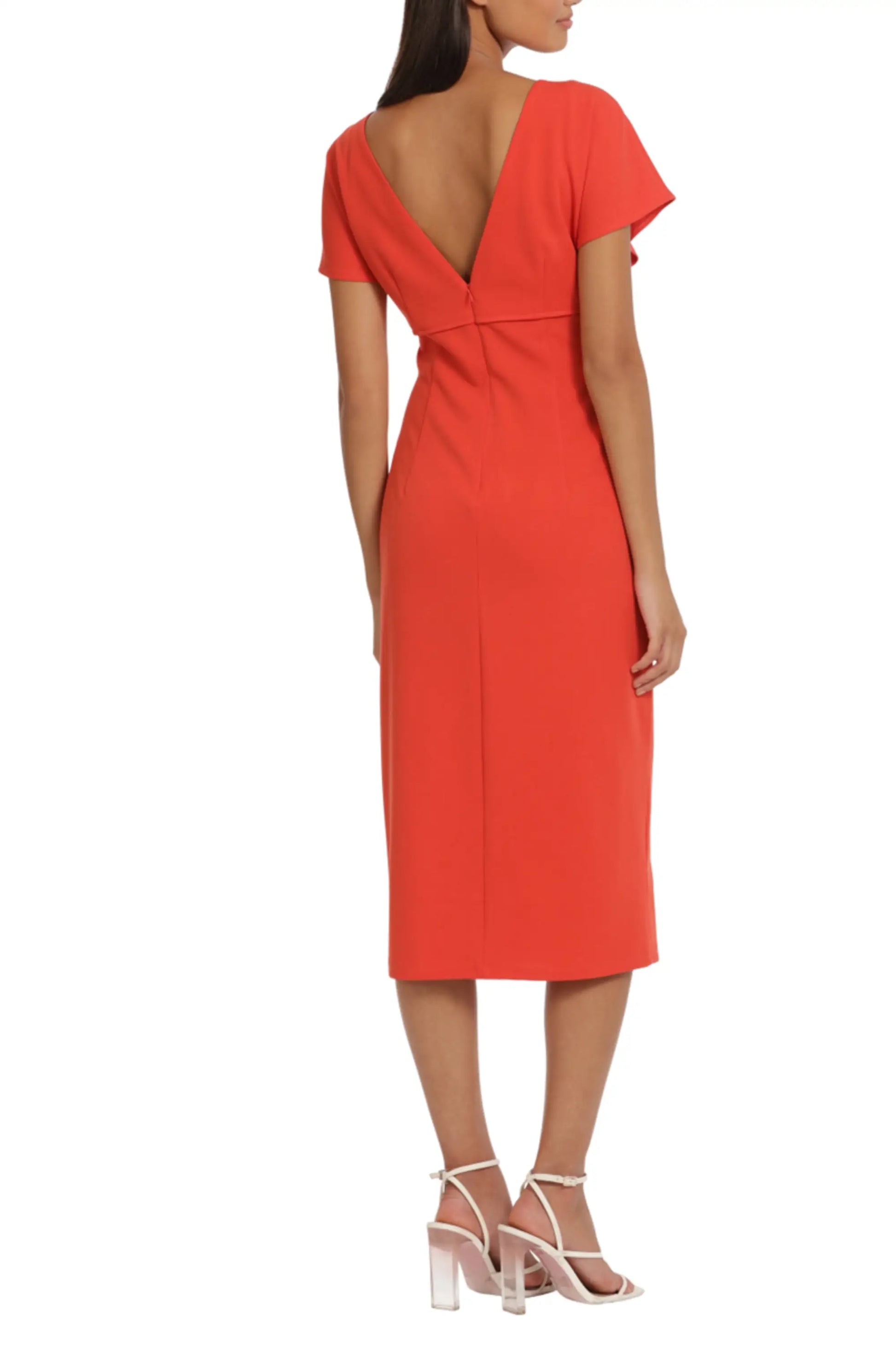 Red Donna Morgan midi dress with V-neck back and flutter sleeves for office or lunch