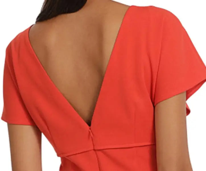 Donna Morgan coral-red flutter sleeve sheath midi dress with deep V-back for women