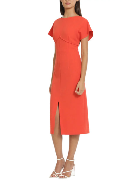 Donna Morgan coral red midi dress with front slit and flutter sleeves for women