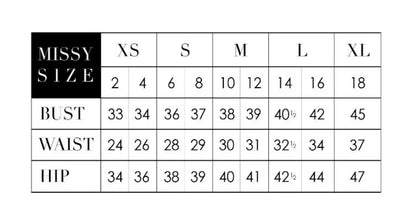 Donna Morgan women’s clothing size chart with bust, waist, and hip measurements