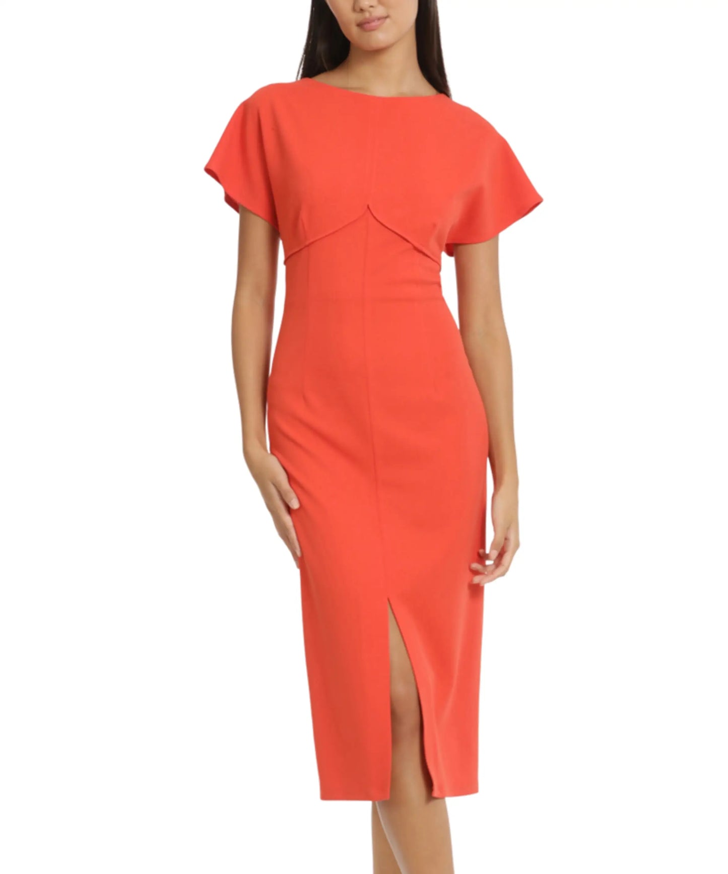 Donna Morgan orange sheath dress with boat neck, cape sleeves, and front slit