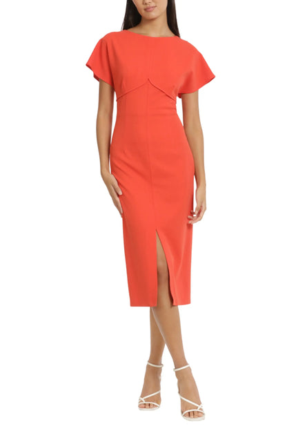 Donna Morgan orange midi dress with butterfly sleeves and front slit for office and casual wear