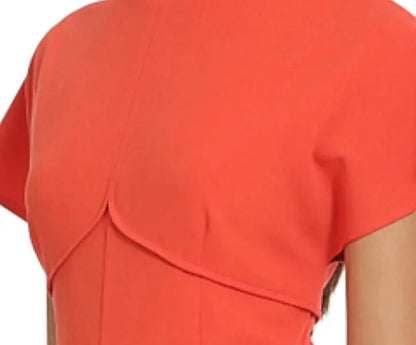 Donna Morgan coral-orange short-sleeved sheath midi dress with scallop-edged overlay