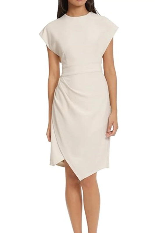 Donna Morgan Ivory Horn sleeveless midi dress with mock neck and asymmetrical hem