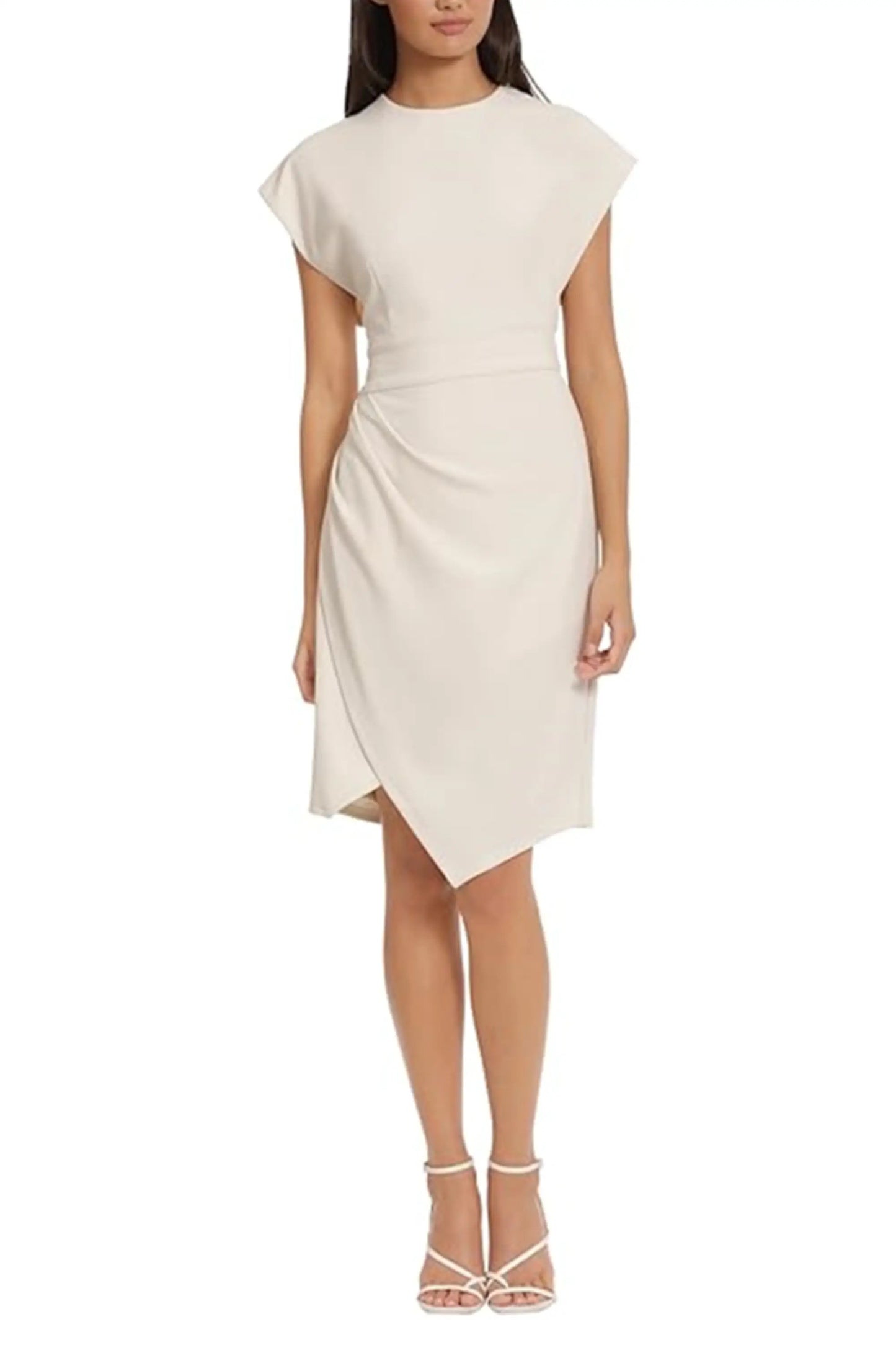 Donna Morgan Ivory Horn cap sleeve day dress with draped asymmetrical hem