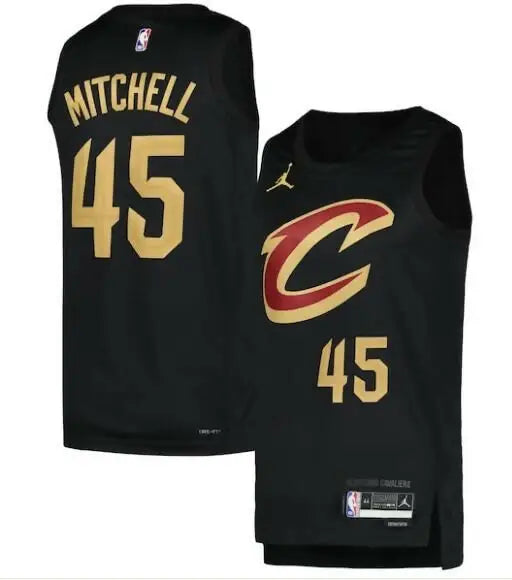Black Cleveland Cavaliers Donovan Mitchell NBA Swingman Jersey with gold Mitchell and 45 lettering