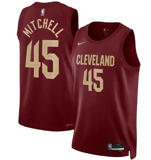Red and gold Cleveland Cavaliers Donovan Mitchell Swingman jersey with 45 number and Cleveland 45 front