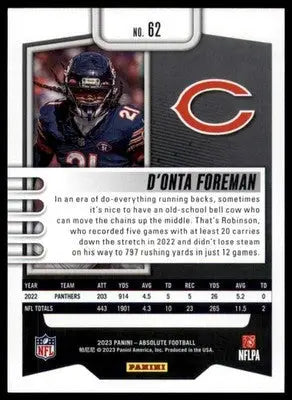 D Onta Foreman football card from 2023 Panini Absolute Chicago Bears collection