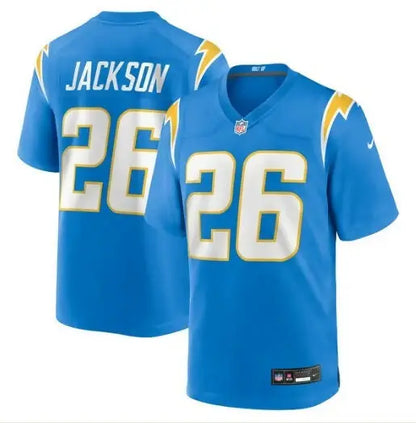 Light blue Los Angeles Chargers Nike jersey with white and gold accents and Jackson 26