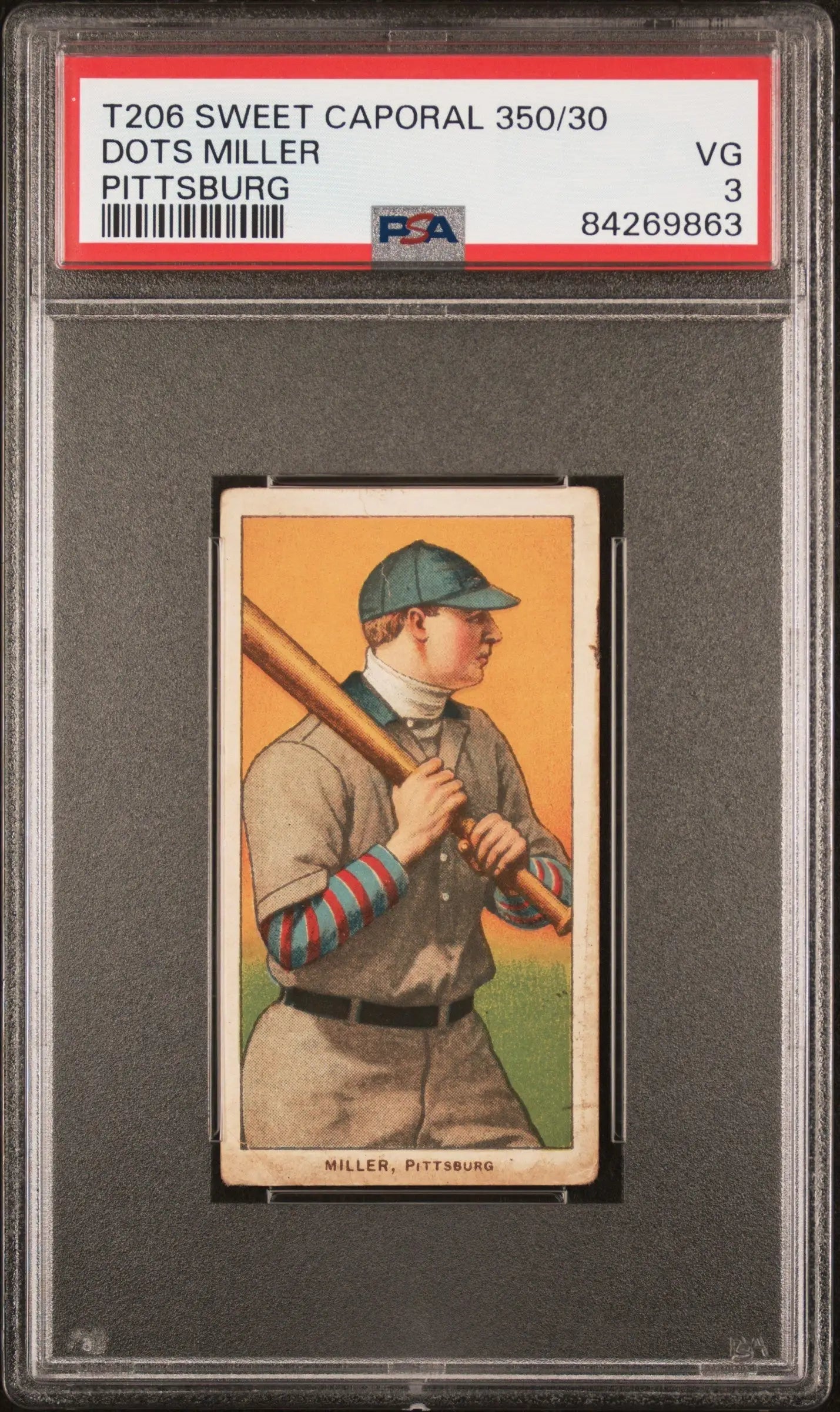 PSA-graded T206 Sweet Caporal Dots Miller baseball card in batting pose