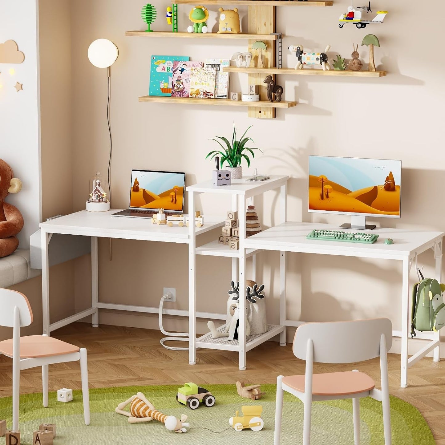 Double Desk With Power Outlets For Home Office-1