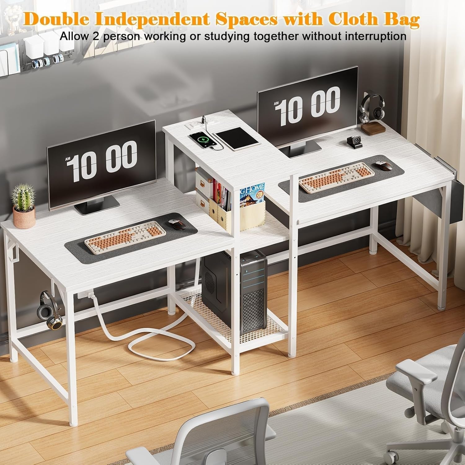 Double Desk With Power Outlets For Home Office-4