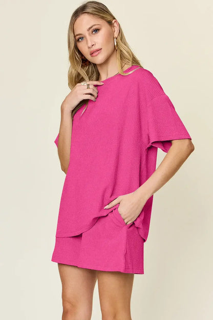 Double Take Basic style Round Neck Solid Set - Round Neck Solid Set