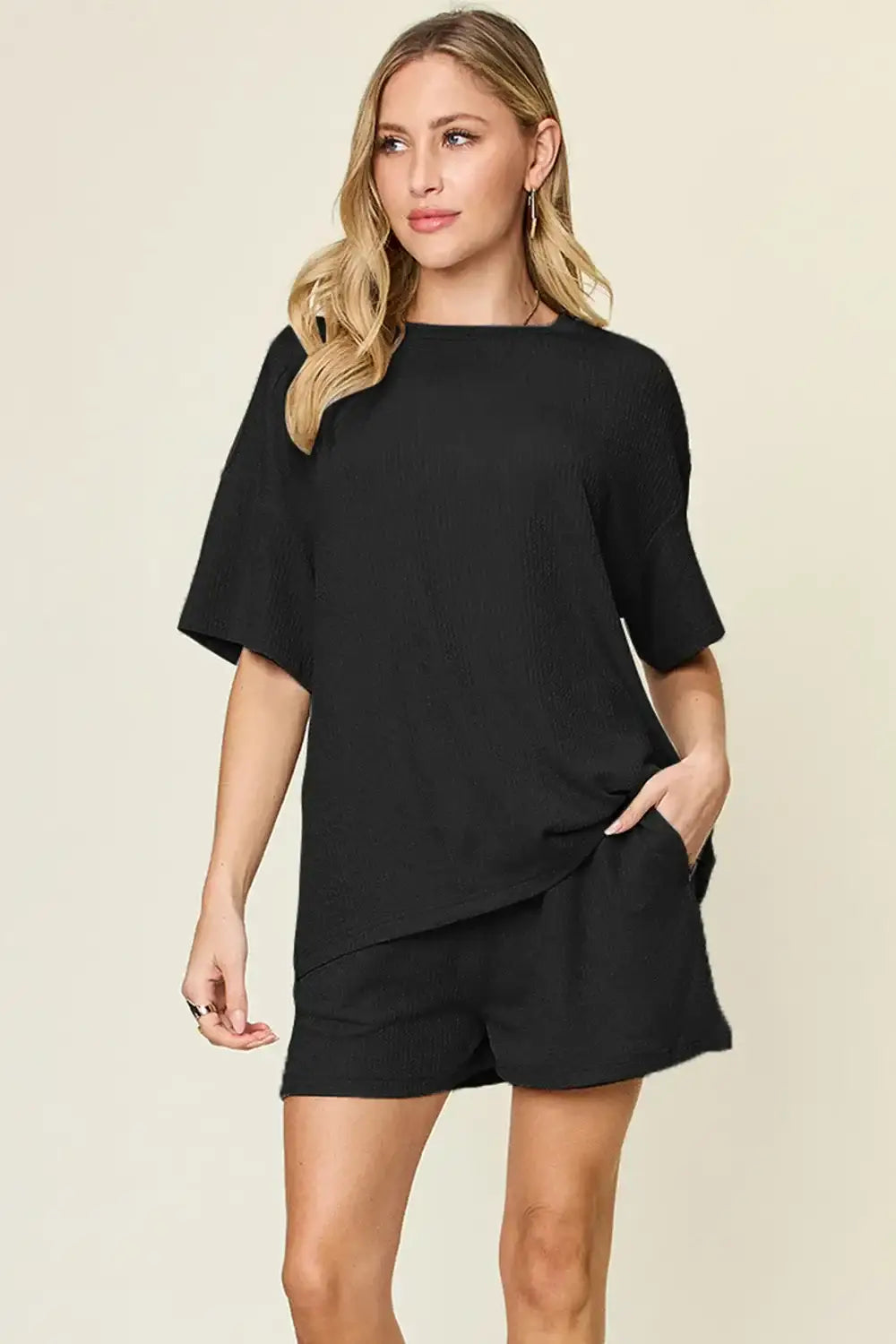 Double Take Basic style Round Neck Solid Set - Black / S - Round Neck Solid Set